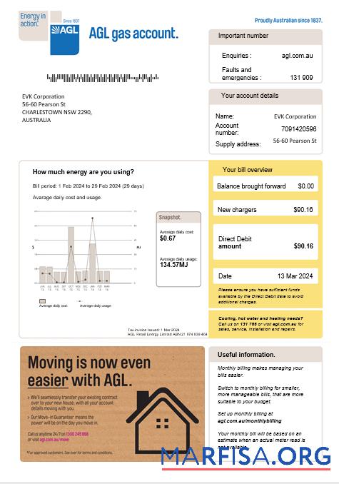 Realistic Australia AGL gas business utility bill Word and PDF template, version 2